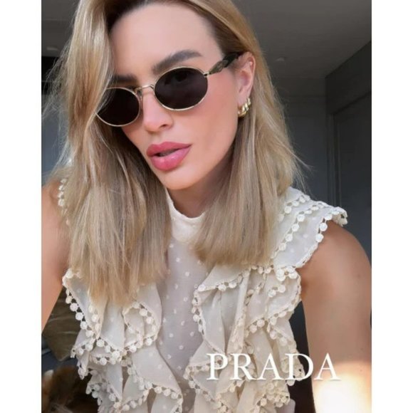 Prada PR65ZS ZVN09T Sunglasses Pale Gold Dark Grey Oval Metal Unisex - Picture 4 of 15